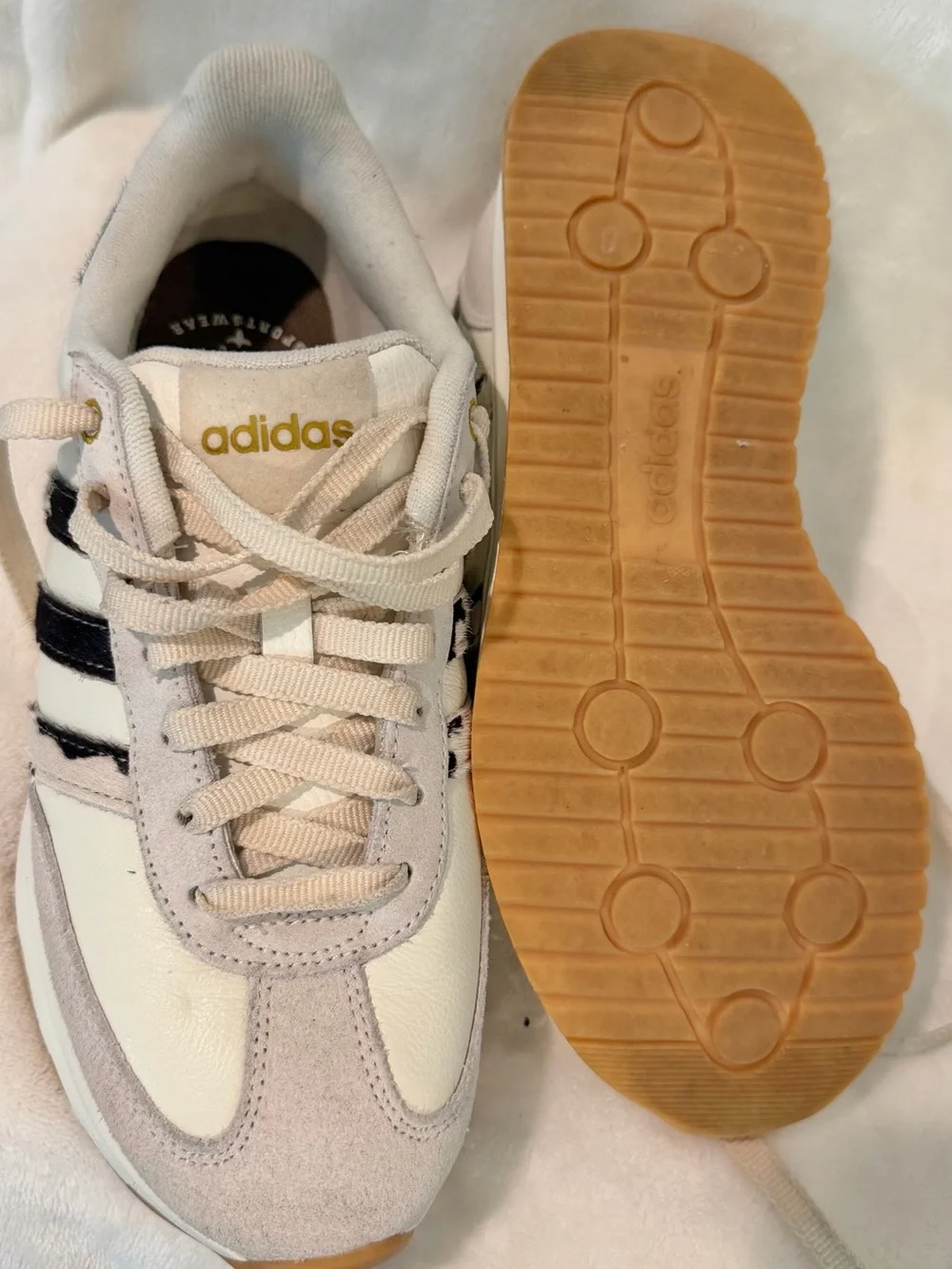adidas Women's Cream White Suede Athletic Sneakers w/ Black Cow Pattern Stripes